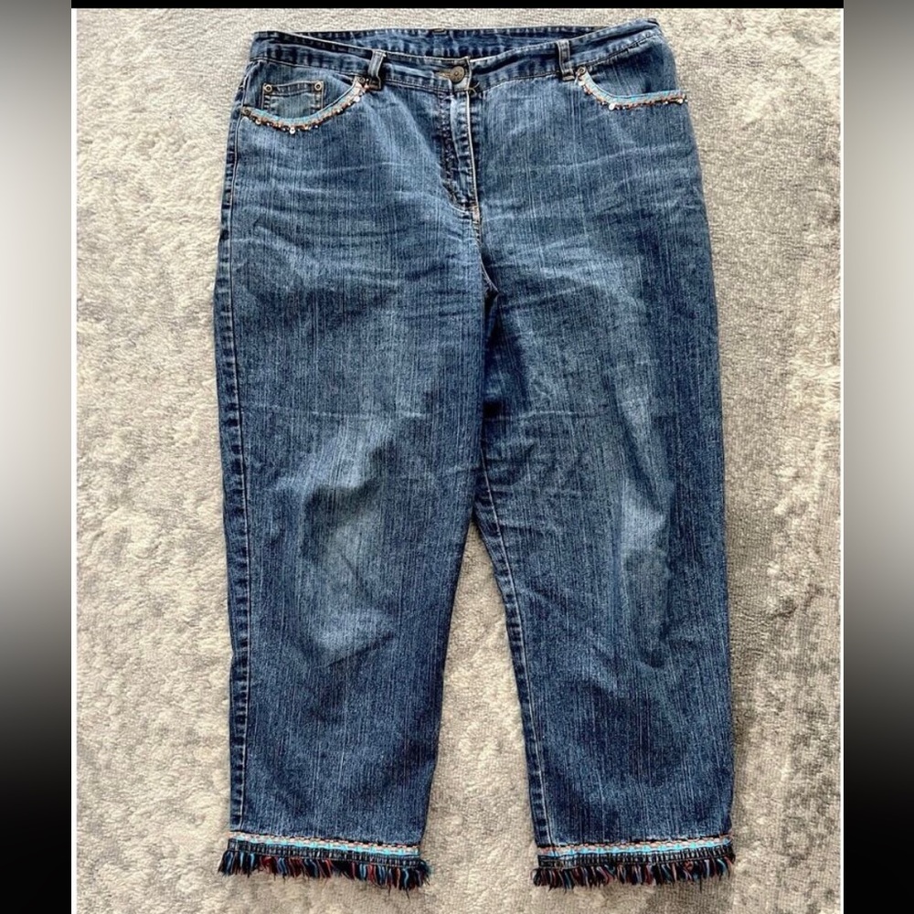 Ankle Jeans Beaded, Fringe, Dark Wash, Crop Stretchy Ruby Rd Women’s Size 10